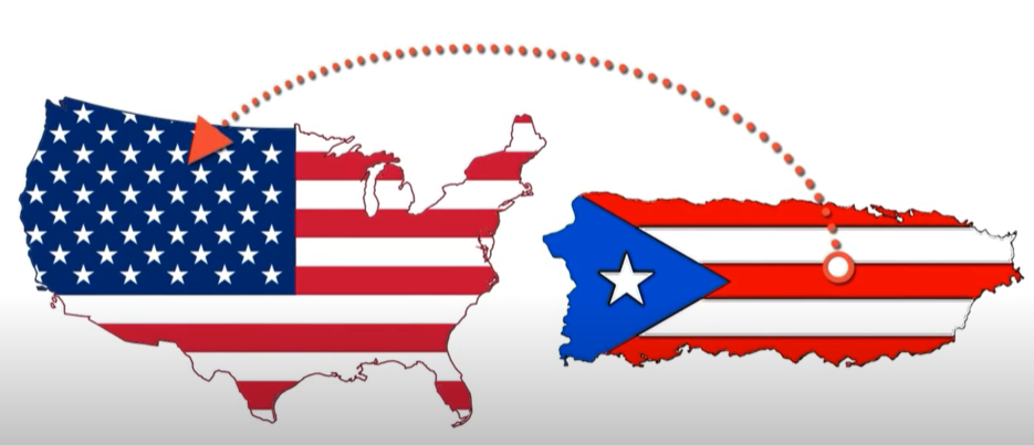 Load video: Map illustration of the United States and Puerto Rico, with an arrow connecting the two, symbolizing a journey or transport from Puerto Rico to the United States. Both maps are filled with the respective flags: the U.S. flag on the mainland and the Puerto Rican flag on the island.